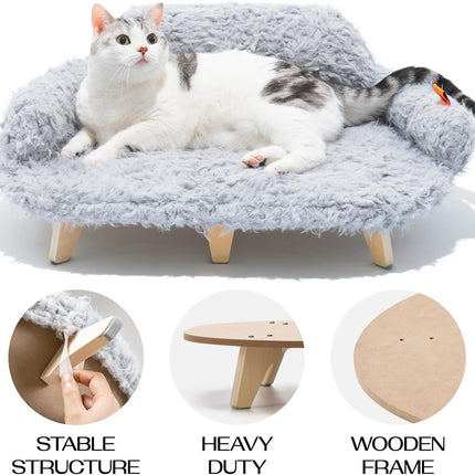 MEWOOFUN Elevated Cat Bed With Washable Cover - 26x18.3x8.5 Inch Wooden Pet Sofa For Cats & Small Medium Dogs Grey, Modern Design