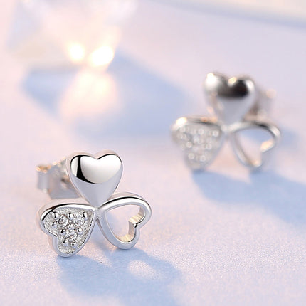 925 Silver Lucky Clover Zircon Stud Earrings Flower Cute