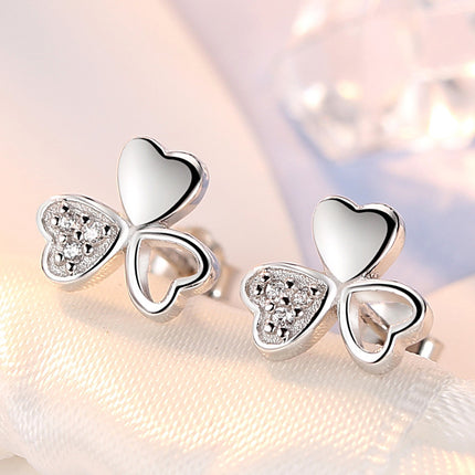 925 Silver Lucky Clover Zircon Stud Earrings Flower Cute