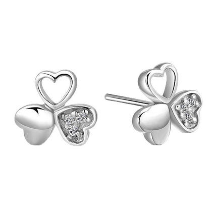 925 Silver Lucky Clover Zircon Stud Earrings Flower Cute
