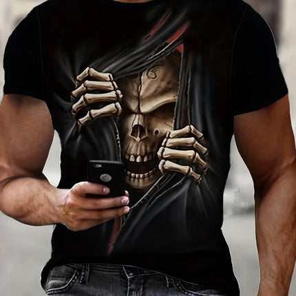 Men's 3D Skull Printed T-shirt - Casual Short Sleeve, Summer Outdoor, Stretch Polyester Blended, Machine Washable