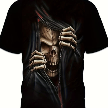 Men's 3D Skull Printed T-shirt - Casual Short Sleeve, Summer Outdoor, Stretch Polyester Blended, Machine Washable