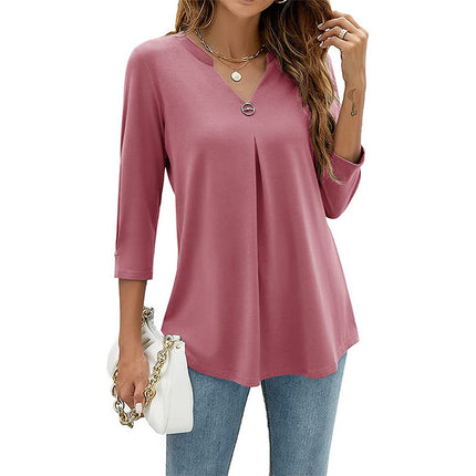 Casual And Comfortable Solid Color And V-neck Clinch Loose Three-quarter-length-sleeved T-shirt Top For Women
