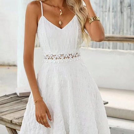 Cross Border Hot Sale Sling Stitching Lace Dress V-neck Casual