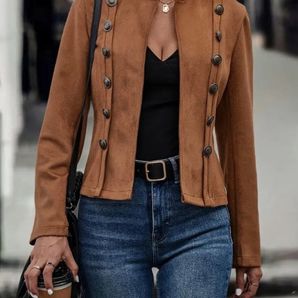 Brown Elegant Double-breasted Jacket - High Neck, Buttoned Placket, Micro-elastic, Street Style Solid Color Women'S Jacket - Suitable For Winter Amazon Does Not Sell