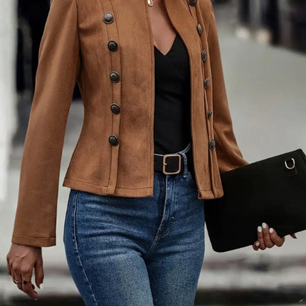 Brown Elegant Double-breasted Jacket - High Neck, Buttoned Placket, Micro-elastic, Street Style Solid Color Women'S Jacket - Suitable For Winter Amazon Does Not Sell