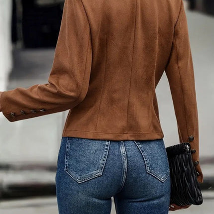 Brown Elegant Double-breasted Jacket - High Neck, Buttoned Placket, Micro-elastic, Street Style Solid Color Women'S Jacket - Suitable For Winter Amazon Does Not Sell