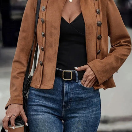 Brown Elegant Double-breasted Jacket - High Neck, Buttoned Placket, Micro-elastic, Street Style Solid Color Women'S Jacket - Suitable For Winter Amazon Does Not Sell