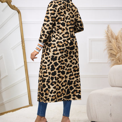 Women's New Leopard Print Patchwork Cuff Hem Autumn And Winter Long Open Top Jacket