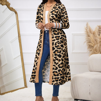 Women's New Leopard Print Patchwork Cuff Hem Autumn And Winter Long Open Top Jacket