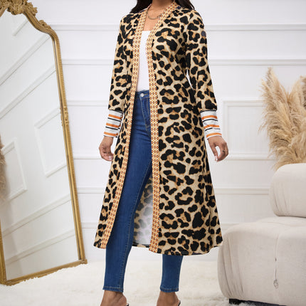 Women's New Leopard Print Patchwork Cuff Hem Autumn And Winter Long Open Top Jacket