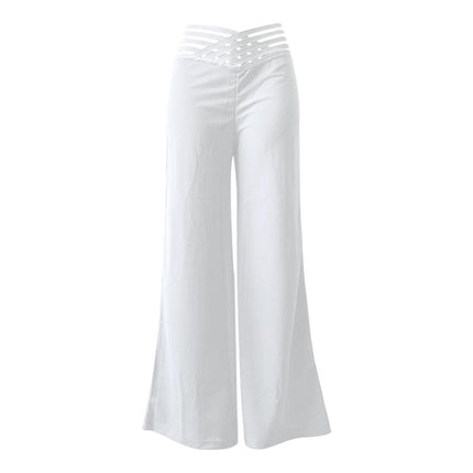 Women's Transparent Mesh Patchwork High Waist Pants With Elegant Cross Detail, Solid Color Fashion Trousers