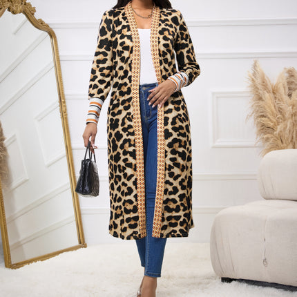 Women's New Leopard Print Patchwork Cuff Hem Autumn And Winter Long Open Top Jacket