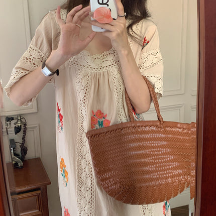 Design Sense Square Neck Lace Stitching Embroidery Flower Dress