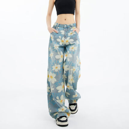 New Summer Printed Floral Wide-leg Washed Jeans For Women