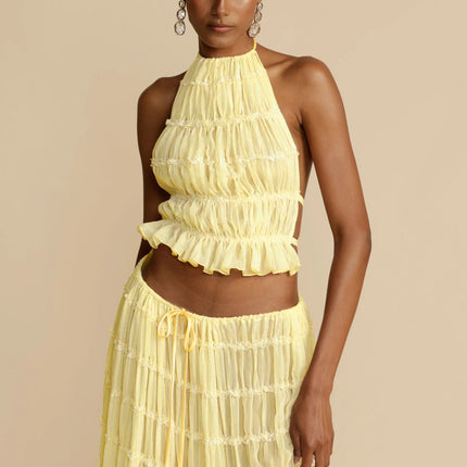 2pcs Women's Dress Suit Sexy Sleeveless Backless Cropped Halter Top And Pleated Long Skirt Beach Clothing