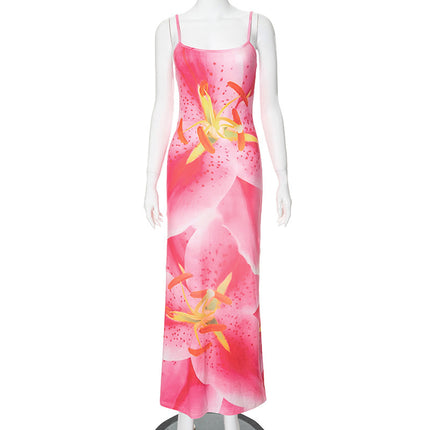 Women's Flower Print Sleeveless Split Slim Fit Dress