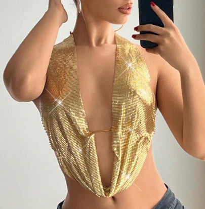 Sequined Top Metal Vest Halterneck With Suspenders