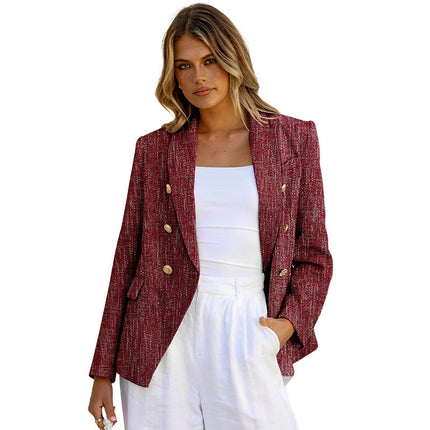 Women's Solid Color Slim-fit Suit With Metal Breasted