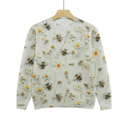 Women's Knitted Sweater Sweater Round Neck Printed Bee Flower Top