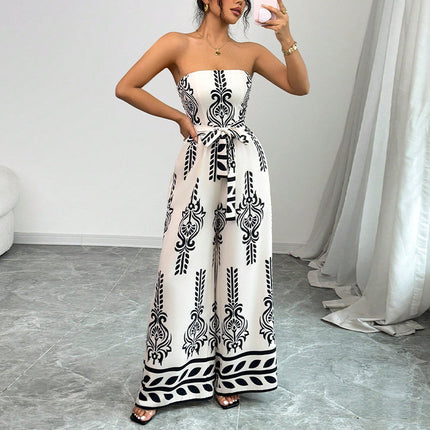 Women's Wide-leg Slim Fit Tied Printed Jumpsuit
