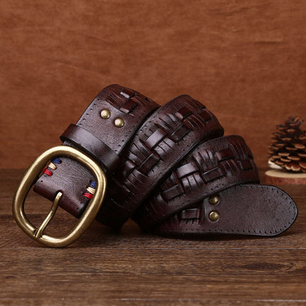 Men's Hand-woven First Layer Cow Leather Belt Personalized Punch-free Brass Buckle