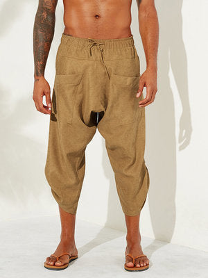 Chinese Style Cotton And Linen Baggy Men's Loose Cropped Pants With Printed Ankle Cuffs