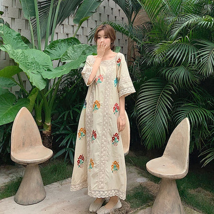 Design Sense Square Neck Lace Stitching Embroidery Flower Dress