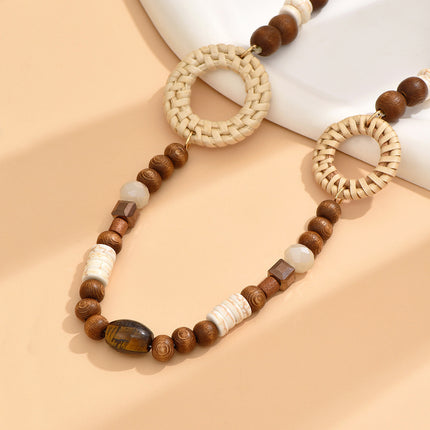 Fashionable All-match Ethnic Style Accessories Bohemian Vacation Style Random Wooden Bead Beaded Grass Woven Long Necklace