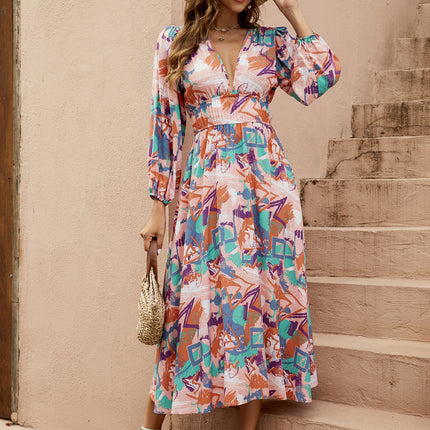 Europe And America Cross Border Women's Multi-color Irregular Geometric Printing Deep V Girdle Lantern Long Sleeve Large Swing Dress