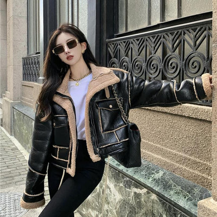 Lamb Wool Motorcycle Jacket Loose And Thick Contrast Color