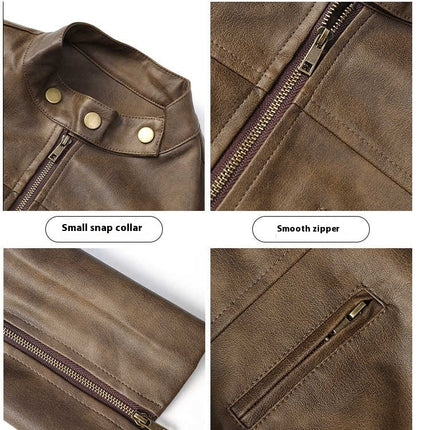 Short Leather Jacket Slim Brown Jacket Motorcycle Jacket