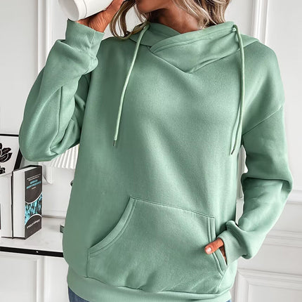 Solid Color Hooded Drawstring Front Pocket Long Sleeve Sweater