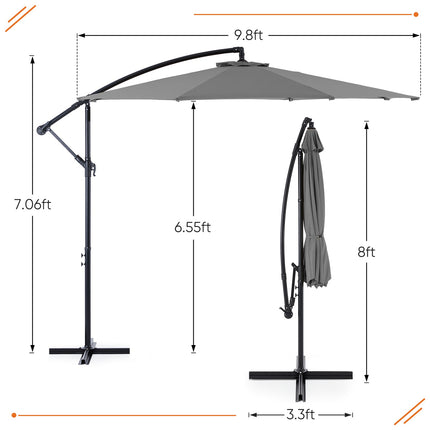 9.8FT Offset Patio Umbrella Hanging Cantilever Umbrella Outdoor Sun Shade With Easy Tilt Adjustment, 8 Ribs, UV Protection For Backyard, Lawn