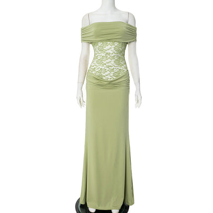 Women's Solid Color Off-the-shoulder Stitching Lace Extra Long Dress