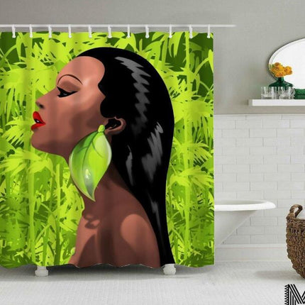 Art Design Graffiti Art Hip Hop African Girl with Black Hair Big Earring with Modern Building Shower Curtain for Bathroom Decor