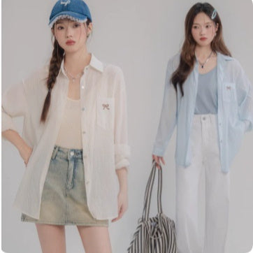 Blue Bow Embroidered Shirt Jacket Thin Top For Women