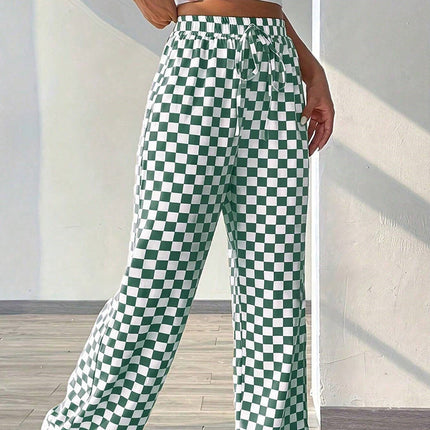 Chessboard Plaid Straight Polyester Wide-leg Pants