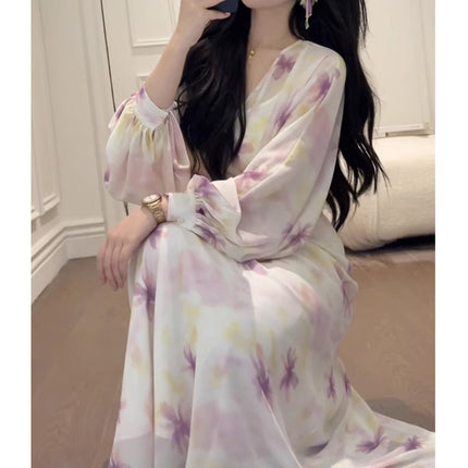 Full Of Green Watercolor Blooming V-neck Printed Oblique Cut Dress Elegant Graceful Dress