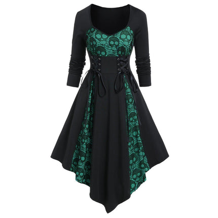 Medieval Retro Lace Up Lace Stitching Contrasting-color Dress