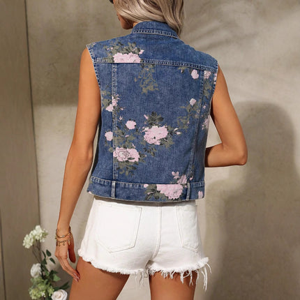 Women's Flower Print Denim Vest Summer Casual