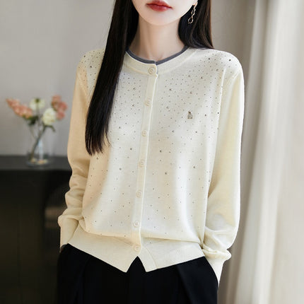 Wool Bear Rhinestone Cardigan Round Neck Long Sleeve Top