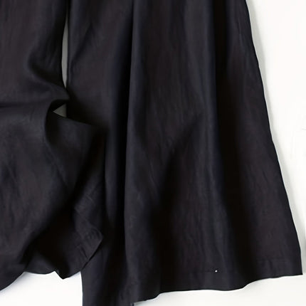 Comfortable Women's High Waist Wide-Leg Pants - Solid Black, Elastic Waistband With Pockets, Casual All-Season Polyester Trousers