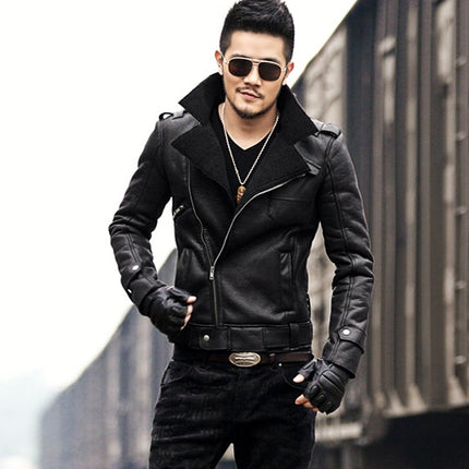 Winter thickened faux fur one jacket suede  lamb hair male slim motorcycle leather jacket F1056