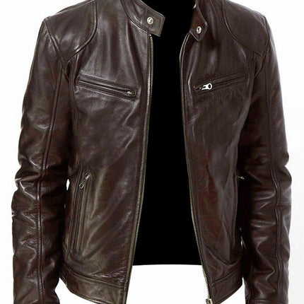 Pu Leather Collar Slim Leather Jacket