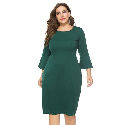 Round Neck Plus Size Slim Fit Flared Sleeve Mid-length Dress