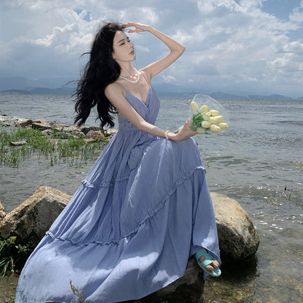 New Sexy Backless Stitching Ruffled Slim Fit Large Swing V-neck Dress