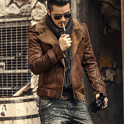 Winter thickened faux fur one jacket suede  lamb hair male slim motorcycle leather jacket F1056