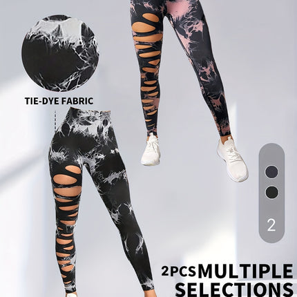 2 Pack Hollow Sexy High Elastic Women's Tie Dye Cutout Tights High Waist Workout Yoga Leggings, Scrunch Butt Lifting Elastic Pants, Tummy Control Butt Lifting Workout Yoga Athletic Pants