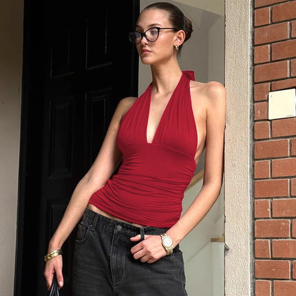 Ins Style Pure Color Halter V-neck Backless Slim Fit Top